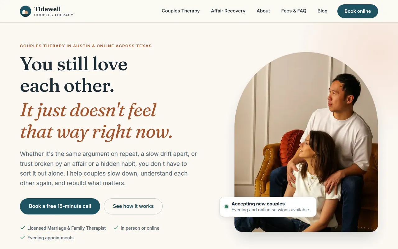 The demo website's homepage on a laptop: “You still love each other. It just doesn't feel that way right now.” with a photo of a couple