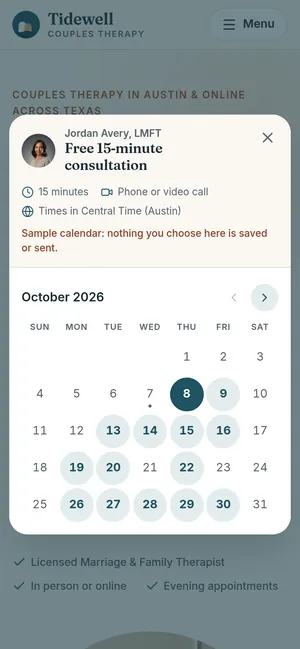 A booking calendar for October in a pop-up window on a phone, with the open dates highlighted