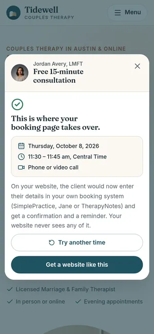 The demo's booking pop-up on a phone, explaining that the client's details go to the therapist's own booking system and never to the website